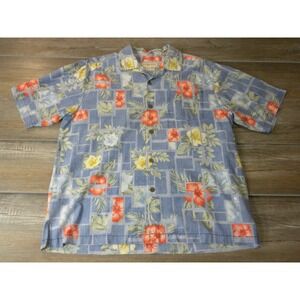 Tommy Bahama Shirt Mens M Blue Silk Hawaiian Hibiscus AOP Button Up Loop Collar